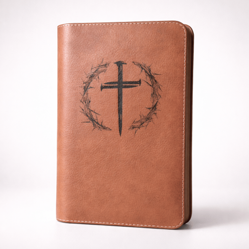 Biblia mare, coperta piele, maro, fermoar, index, aurita, cruce gravată, cuv. lui Isus cu rosu [073 PFI]